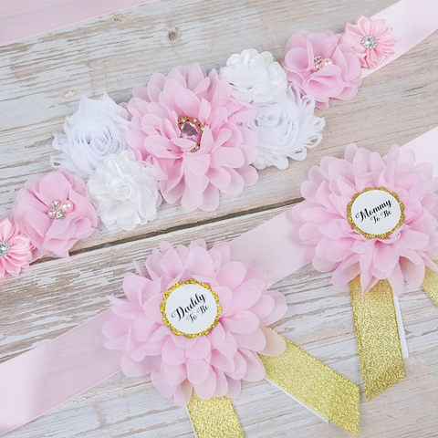 Set Fascia E Spilla Baby Shower Floreale Per Futura Mamma Papà Decorazione Per Festa Di Gravidanza In Chiffon E Nastri
