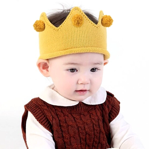 Baby Knitted Crown Hat With Pompoms Cute Infant Toddler Soft Woolen Birthday Party Photo Prop Beanie For Boys Girls