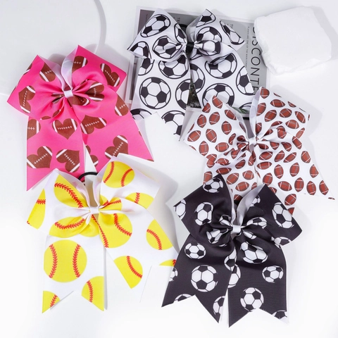 Large Sports Theme Cheer Bow Hair Ties Soccer Baseball Football Print Grosgrain Ribbon Scrunchies For Women Girls Cheerleading