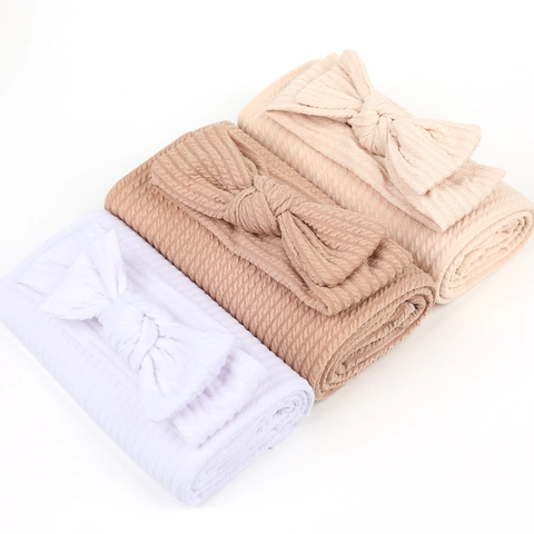 Newborn Baby Waffle Knit Receiving Blanket Large Bow Turban Hat Headband Soft Breathable Wrap Cover Newborn Photography Prop