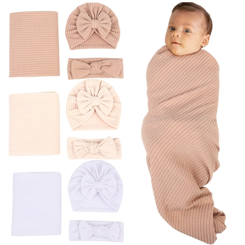 Newborn Baby Waffle Knit Receiving Blanket Large Bow Turban Hat Headband Soft Breathable Wrap Cover Newborn Photography Prop