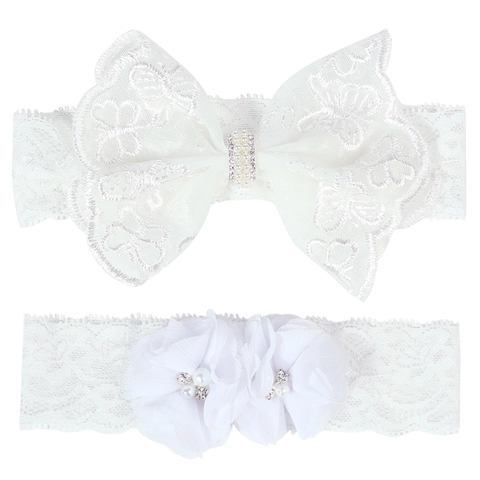 Set Fascia per Capelli con Fiocco in Pizzo a Fiori per Neonata Bianco Strass Perla Artificiale Accessori Elastici per Capelli