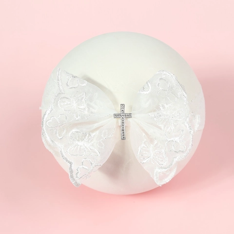 Weißes Spitzen-Stirnband Mit Schleife Und Strass-Kreuz Für Taufe Hochzeit Säuglinge Kleinkinder Mädchen Haarschmuck