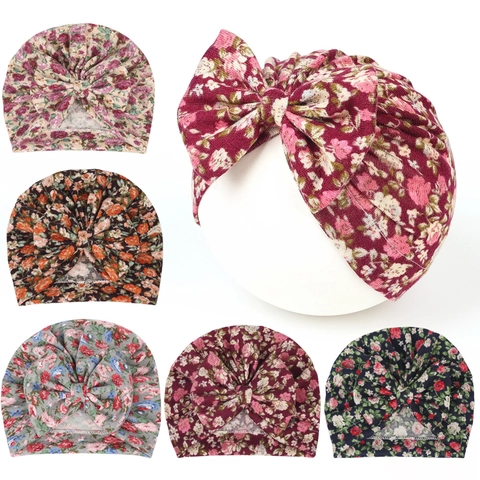 Boho Blumenmuster Baby Turbanmütze Große Schleife Weiche Elastische Baumwolle Strick Säuglingsmütze Für Neugeborene Kleinkinder Mädchen