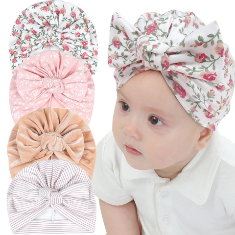 Baumwollmischung Baby Turban Mütze Mit Großer Schleife Blumenmuster Gestreift Säugling Neugeborene Mädchen Indien Kappe