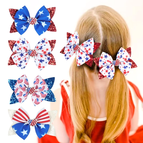 Fermagli per Capelli con Fiocco a Paillettes Patriottico del Giorno dell'Indipendenza USA per Ragazze Bandiera Americana Stelle Strisce Cuore Strass Accessori per Capelli Bambini