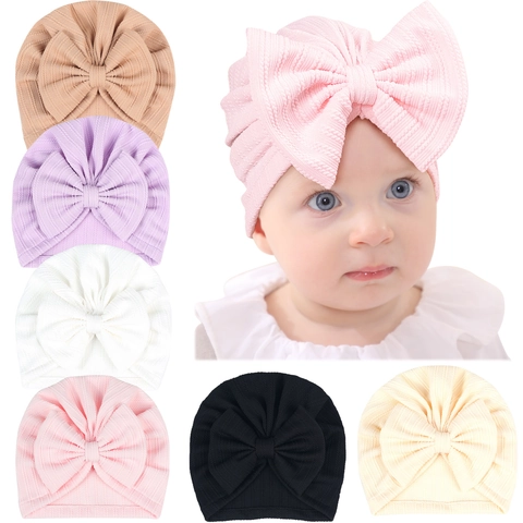 Gorro Turbante para Bebé Con Lazo Grande Gorro de Punto Acanalado para Recién Nacidos Suave Elástico Color Sólido Envoltura para la Cabeza
