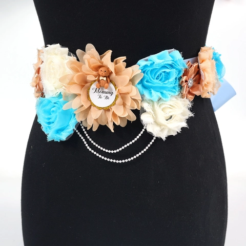 Fascia Premaman Mommy To Be Daddy To Be Con Decorazione Orso Fiore in Chiffon per Baby Shower Gender Reveal Party Blu Fascia Corsage