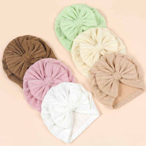 Cappello Turbante per Neonata con Fiocco Grande Lavorazione a Coste Traspirante Tinta Unita Fascia Elastica per Bambine