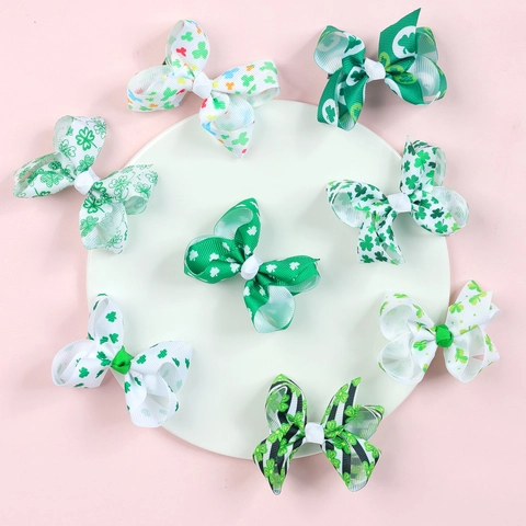 St Patrick's Day Kids Hair Bow Clips Green Shamrock Clover Pattern Grosgrain Ribbon Duckbill Clips For Girls Festival Hair Accessories