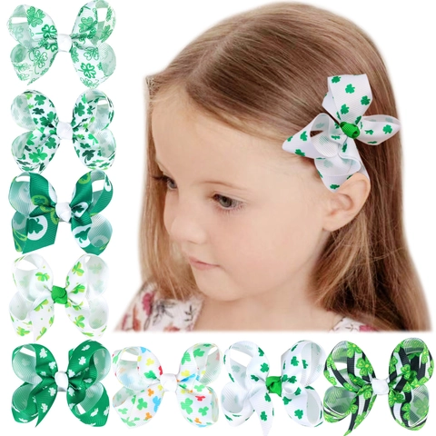 St Patrick's Day Kids Hair Bow Clips Green Shamrock Clover Pattern Grosgrain Ribbon Duckbill Clips For Girls Festival Hair Accessories
