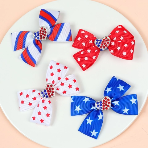 Kids US Flag Bow Hair Clips With Rhinestone Heart Patriotic Independence Day Grosgrain Ribbon Star Stripes Girls Hairpins