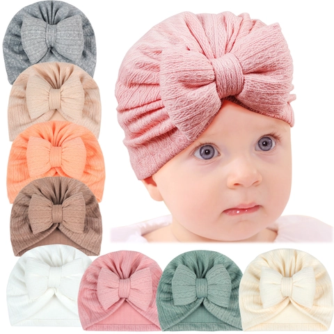Soft Baby Turban Hat With Large Bow Knitted Infant Headwrap Warm Newborn Hospital Cap Solid Color Headwear For Toddler Kids