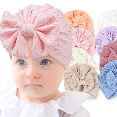 Cappello Turbante per Neonati Tinta Unita con Grande Fiocco in Poliestere Jacquard Berretto per Servizio Fotografico