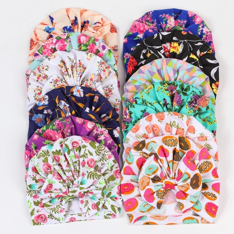 Soft Polyester Infant Baby Floral Bow Turban Hat Breathable Stretchy Beanie For Newborn Toddler Girls Headwear Accessories