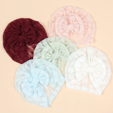Cappello a Turbante con Fiocco in Pizzo per Neonata Estivo Traspirante Jacquard Berretto Principessa Fascia Morbida