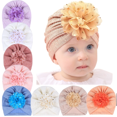 Baby Girl Turban Hat Large Gold Polka Dot Flower Soft Polyester Jacquard Beanie Headwrap For Photography Daily Wear