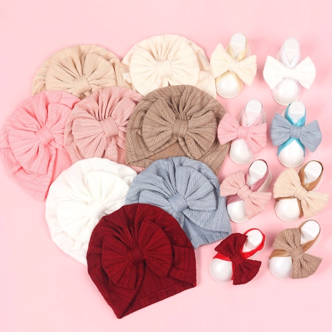 Neugeborenes Baby Turban Hut Mit Schleife Und Passendes Fußband Set Gerippter Strick Weiche Kopfbedeckung Für Mädchen Fotografie Requisiten
