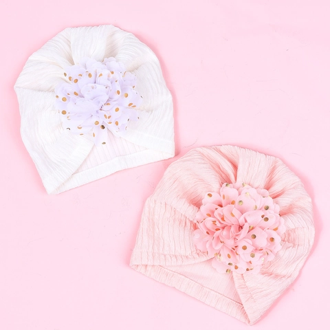 Baby Girl Turban Hat Large Gold Polka Dot Flower Soft Polyester Jacquard Beanie Headwrap For Photography Daily Wear
