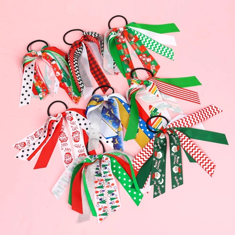 Chouchous de Noël Faits à la Main Motif Père Noël Renne Flocon de Neige Rubans Streamer Supports de Queue de Cheval Élastiques pour Filles Enfants