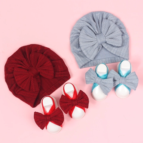 Neugeborenes Baby Turban Hut Mit Schleife Und Passendes Fußband Set Gerippter Strick Weiche Kopfbedeckung Für Mädchen Fotografie Requisiten