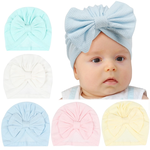 Atmungsaktive Netz Baby Turban Mütze Mit Großer Schleife Weiche Leichte Neugeborene Säugling Knoten Kopfbedeckung Für Mädchen