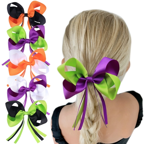 Barrettes à Cheveux Nœud Halloween pour Filles Ruban Gros-grain Bloc de Couleur Nœud avec Banderoles Accessoires Cheveux Fête