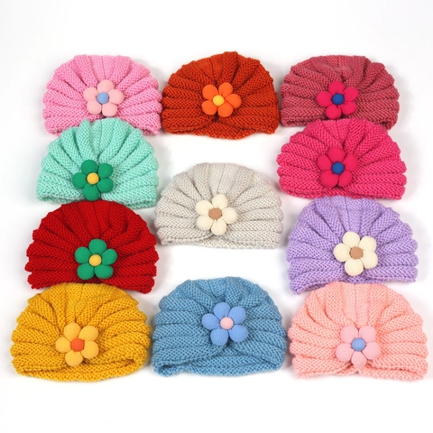 Baby Knit Beanie Hat With 3D Flower Decor Warm Winter Turban Hat For Infants Toddlers Soft Polyester Crochet Cap For Girls