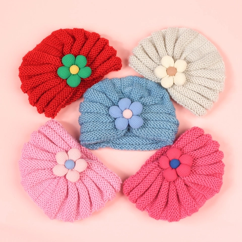Baby Knit Beanie Hat With 3D Flower Decor Warm Winter Turban Hat For Infants Toddlers Soft Polyester Crochet Cap For Girls