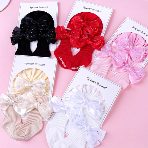Neugeborenes Baby Mütze Und Socken Set Baumwolle Strick Turban Mit Strass Großer Satin Schleife Für Säuglinge Kleinkinder