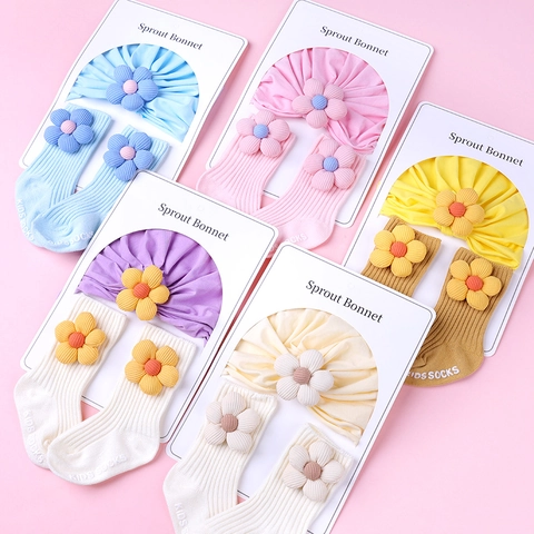 Ensemble Bonnet et Chaussettes Bébé Fille Fleur 3D Turban Plissé Coton Tricot Douceur Nouveau-Né Accessoire de Tête