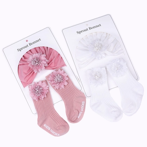 Baby Turban Hat And Socks With 3D Flower Artificial Pearl Rhinestone For Newborn Infant Girls Cotton Blend Accessories