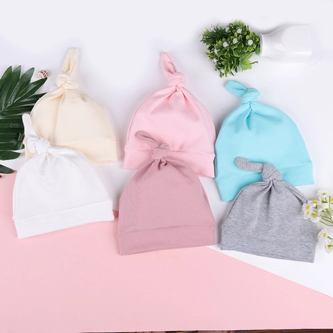 Gorro de Bebé Recién Nacido con Nudo Suave Mezcla de Algodón Color Sólido Invierno Cálido A Prueba de Viento para Bebés
