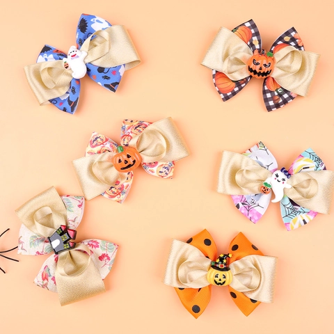 Polyester Halloween Schleife Haarspangen Mit Harz Kürbis Geist Dekor Für Kinder Mädchen Festival Party Haarschmuck