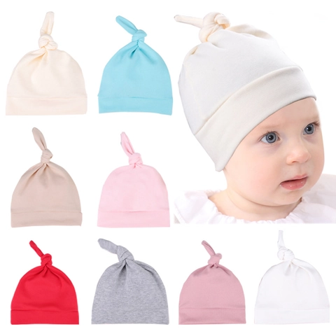 Gorro de Bebé Recién Nacido con Nudo Suave Mezcla de Algodón Color Sólido Invierno Cálido A Prueba de Viento para Bebés