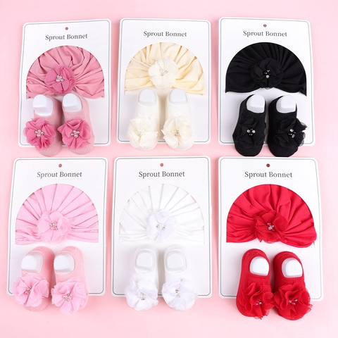 Cappello a Turbante con Fiori per Neonati Calzini Abbinati in Poliestere Perle Strass Cuffia Scarpine per Neonati Quotidiano Fotografia
