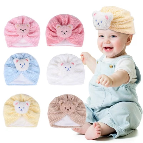 Baby Bear Turban Hat Soft Polyester Knitted Beanie Newborn Thermal Warm Winter Hat With 3D Bear Decoration For Boys Girls