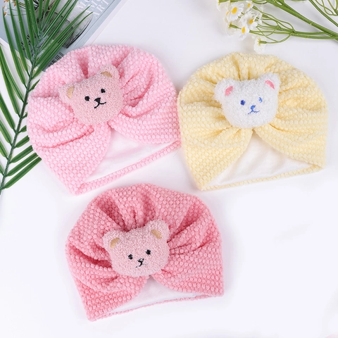 Baby Bear Turban Hat Soft Polyester Knitted Beanie Newborn Thermal Warm Winter Hat With 3D Bear Decoration For Boys Girls