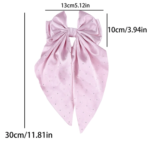 Women Large Satin Bow Hair Clip With Rhinestones Long Streamer Double Layer Hair Bow Elegant Fashion Hair Accessories For Daily Party