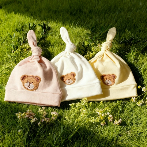 Newborn Baby Soft Cotton Knitted Knot Hat Cartoon Bear Embroidery Infant Beanie Autumn Winter Warm Taimao Accessories