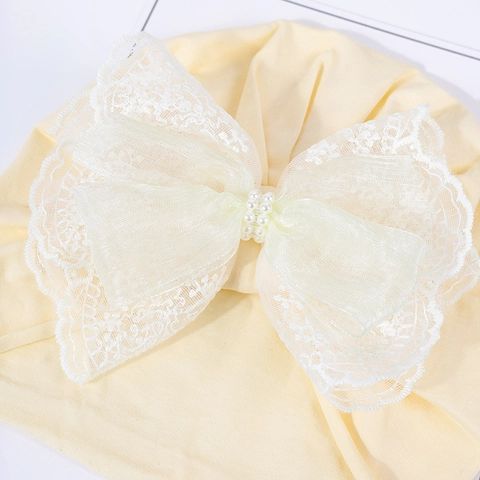 Ensemble Bonnet Et Chaussettes Bébé Fille Coton Turban Bonnet Grande Dentelle Nœud Perle Artificielle Accessoires De Vêtements Princesse