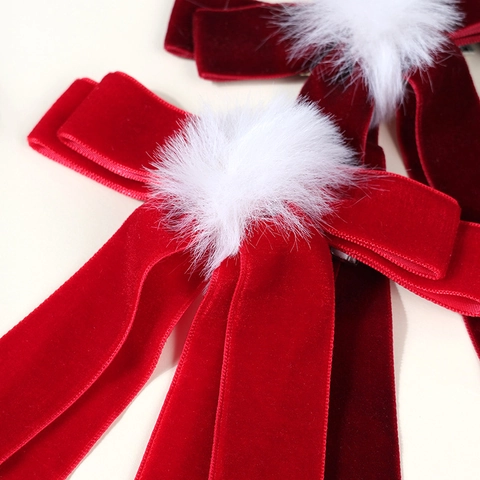 Fermaglio per Capelli Vintage in Velluto con Fiocco e Pompon Bianco Nastro Lungo Rosso Bordeaux per Natale Capodanno Donna