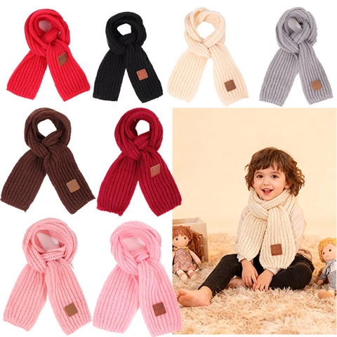 Kids Knitted Scarf Soft Warm Winter Neck Warmer For Boys Girls Polyester Crochet Scarf With Leather Patch Fashion Accessory