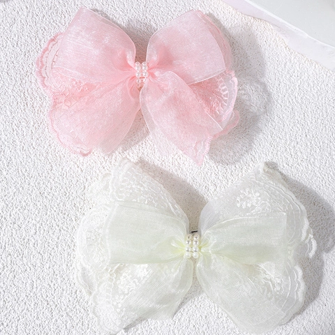 Elegantes Pinzas para el Pelo con Lazo de Encaje y Malla Con Perlas Artificiales de Imitación Horquillas para Niñas Accesorios