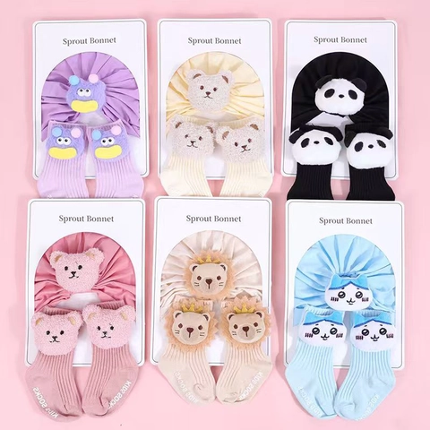 Säugling Baby Weiche Baumwolle Gestrickte Haube Und Socken Mit 3D Cartoon Tier Dekoration Für Neugeborene Kleinkinder