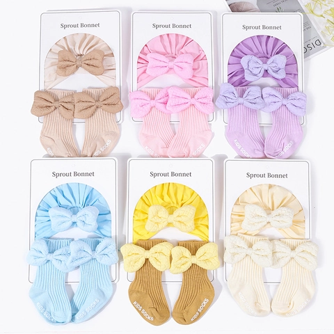 Cuffia E Calzini Per Neonati in Cotone a Coste Cappello Con Grande Fiocco Morbido Beanie Calzini Per Bambine Regalo