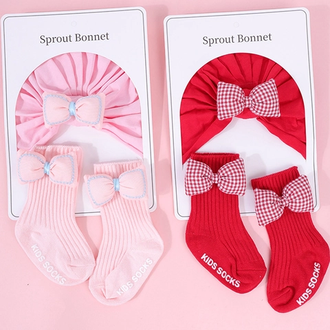 Cappello a Turbante Per Neonati E Calzini Con Fiocco Berretto a Costine In Cotone Per Neonata Abbigliamento Quotidiano Festa Morbido Caldo Accessori Per Bambini
