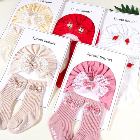 Set di Cappello e Calzini in Cotone per Neonato Turbante Morbido in Maglia con Fiocchi in Pizzo Fiori per Bambina Regalo