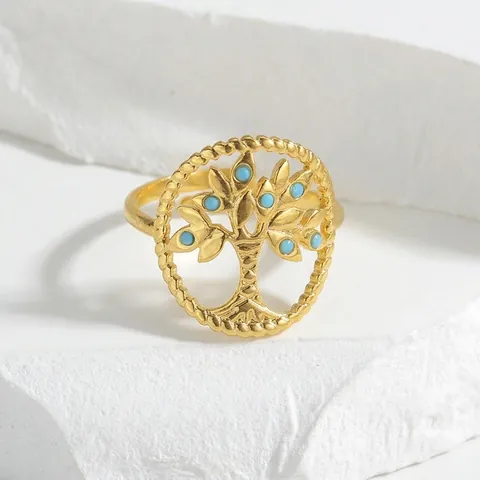 Lebensbaum Offener Ring Edelstahl Vergoldet Verstellbar Blau Stein Eingelegt Hohl Ring Für Damen Schmuck