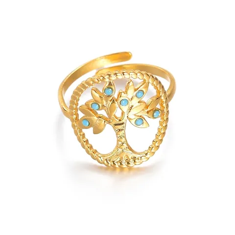 Lebensbaum Offener Ring Edelstahl Vergoldet Verstellbar Blau Stein Eingelegt Hohl Ring Für Damen Schmuck